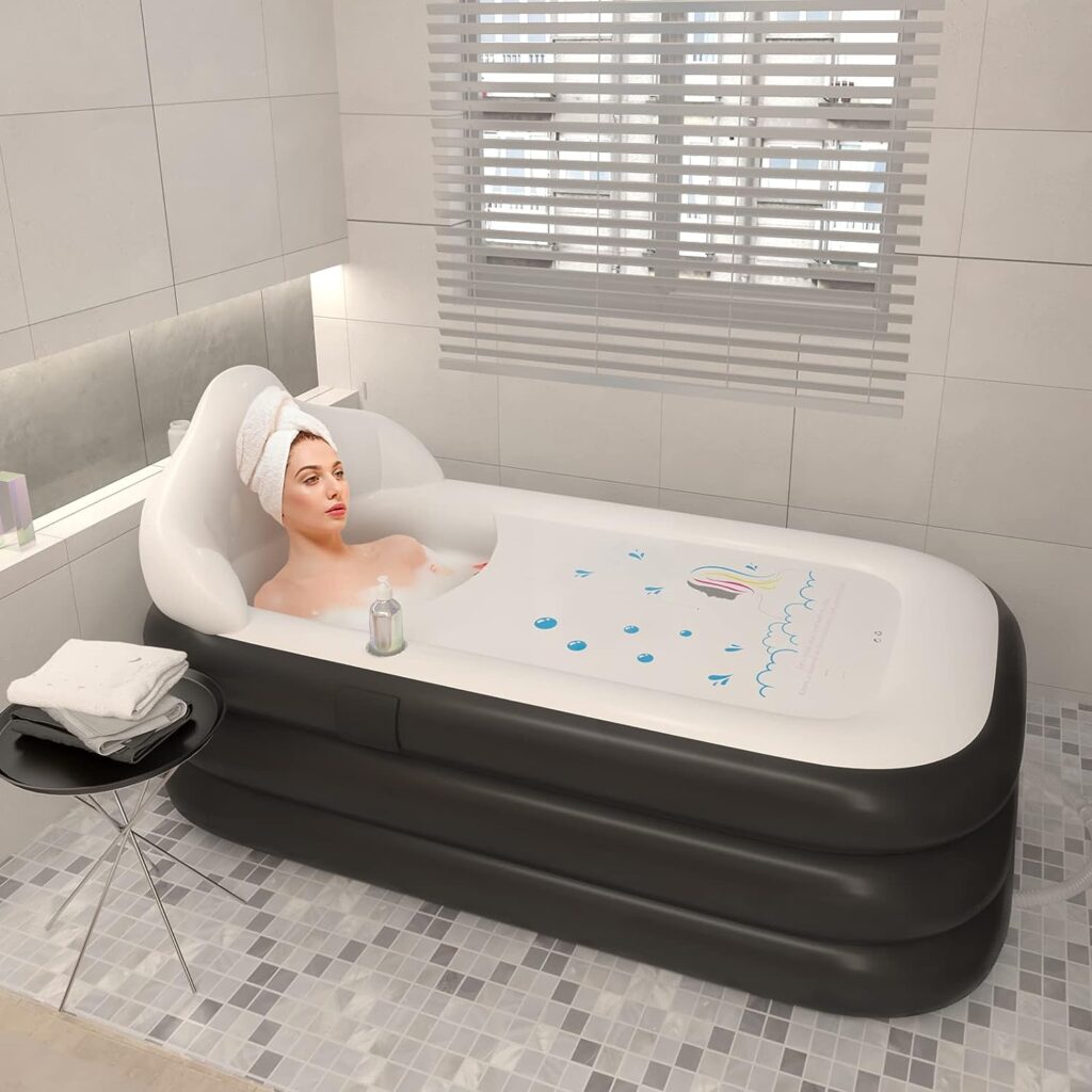 Inflatable Portable Bathtub-Family SPA Freestanding Bathtub with Bath Pillow-Inflatable Bathtub With Neck and Back Support-Suitable For Cold Plunge Tub-Training Tub-Ice Bath ＆ Hot Bath,63X35(Grey)