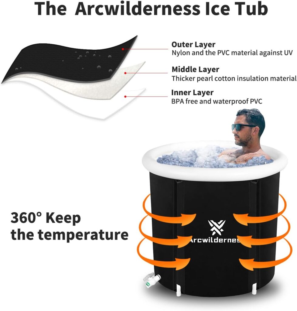 Arcwilderness Ice Bath Tub with Protective Cover, Cold Plunge Tub for Athletes, Folding Portable Bathtub Adult, Cold Water Therapy or Hot Soaking Spa Tub (white top)