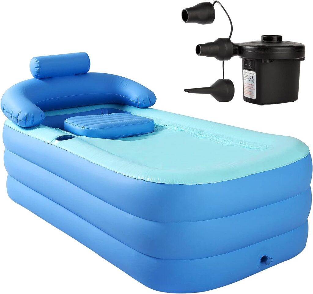 Inflatable Bathtub Adult with Electric Air Pump, Indoor or Outdoor Portable Foldable Bath Tub and Ice Bath Tub, Freestanding Blow Up Bathtub with Bath Pillow Headrest for Adults Spa, 63x33 (Blue)