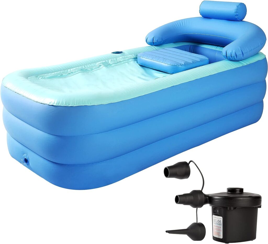 Inflatable Bathtub Adult with Electric Air Pump, Indoor or Outdoor Portable Foldable Bath Tub and Ice Bath Tub, Freestanding Blow Up Bathtub with Bath Pillow Headrest for Adults Spa, 63x33 (Blue)