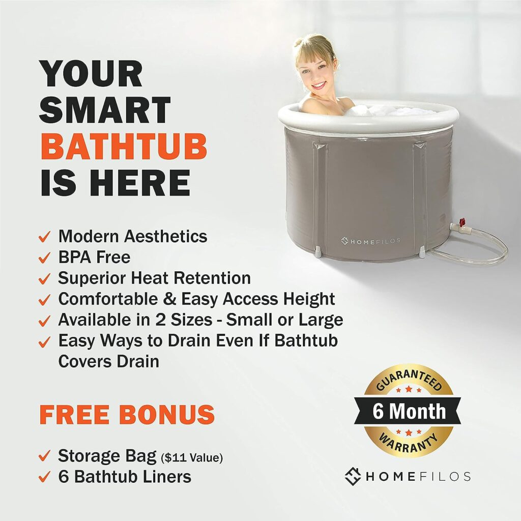 Portable Bathtub (Large) by Homefilos, Ice Bath and Cold Plunge for Athletes, Inflatable Adult Size Japanese Soaking Hot Tub for Shower Stall