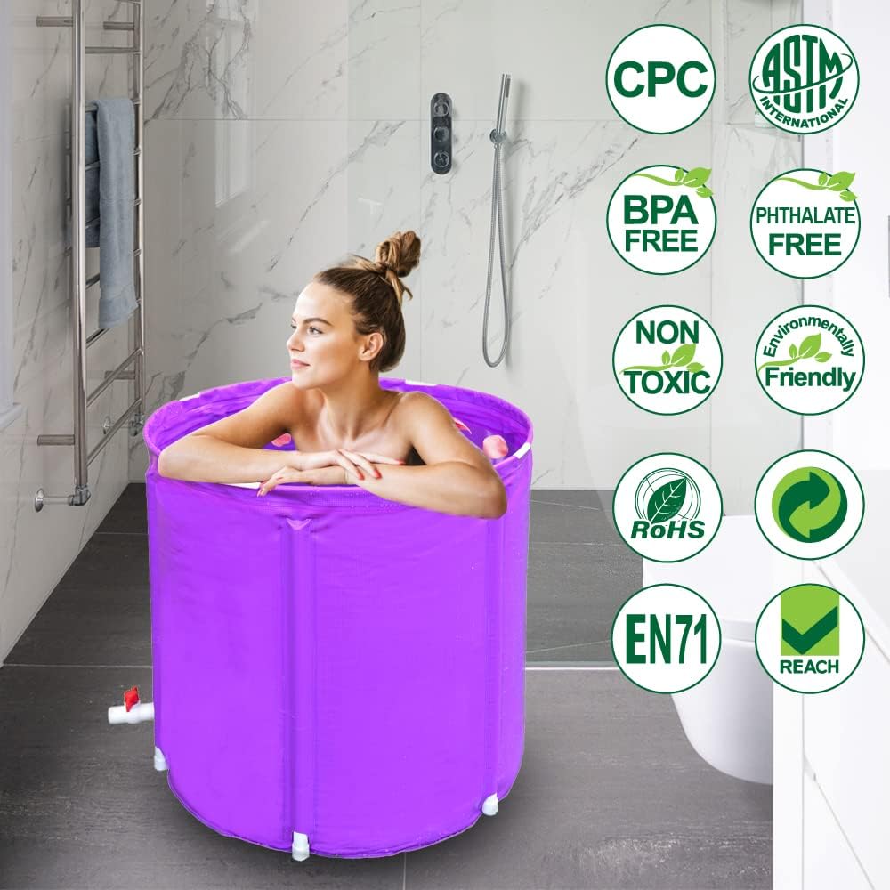 Portable Plastic Bathtub, Folding Spa BathTub for Adults,23×25 Freestanding Soaking Tub Non-Inflatable Ice Bath Tub, Thickened Thermal Foam to Keep Temperature (Purple Bathtub)