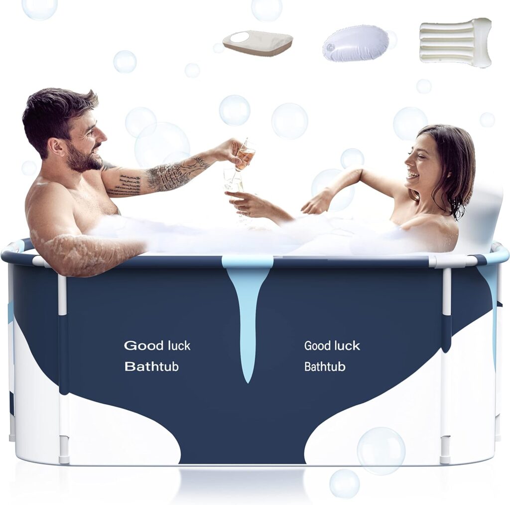 53 Extra Large Portable Foldable Bathtub with Cover for Adult, Family SPA Soaking Tub for Small Bathroom, Thicken Multiple Layer Bathtub with Lid for Shower Stall (53 Milk Style）