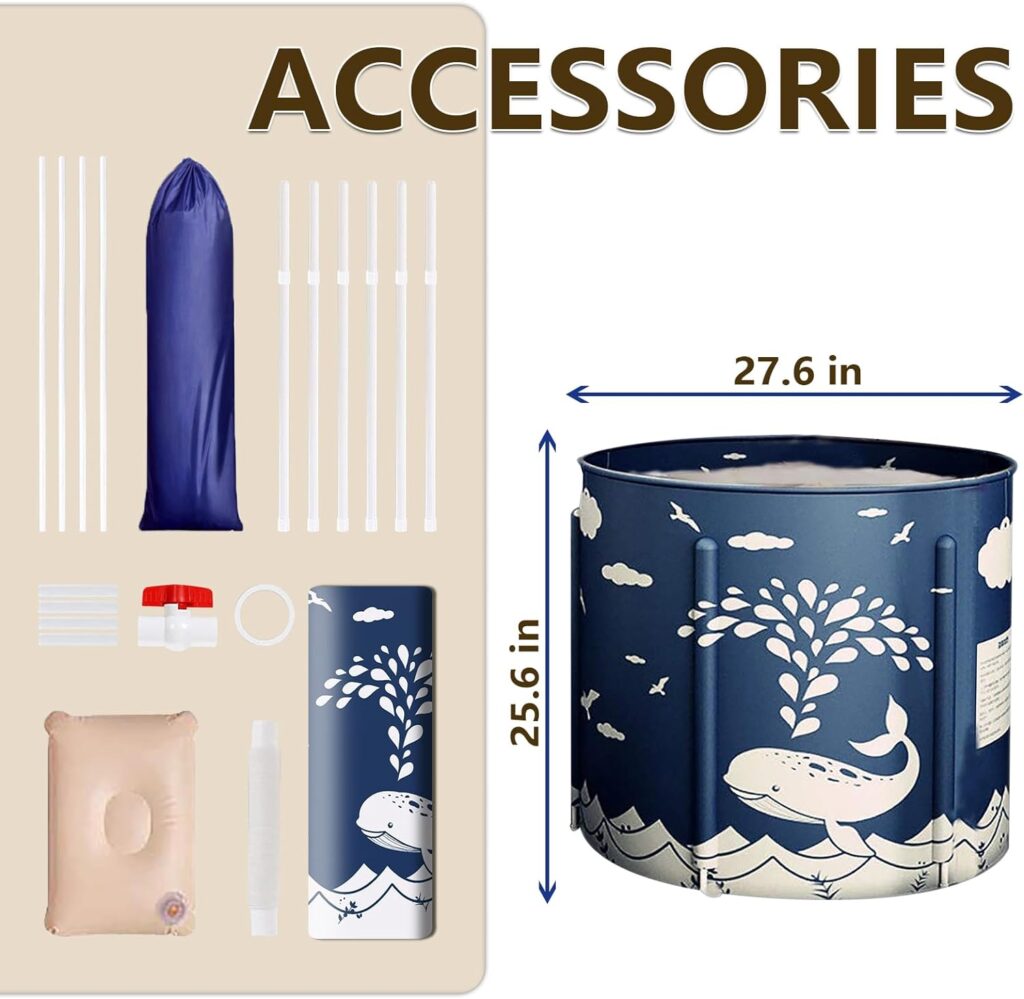 BDL Portable Bathtub, Foldable Adult Japanese Soaking Bath Tub, BDL Freestanding Ice and Hot tubs with Thermal Foam, Folding Spa Bath Tub for Small Spaces Free Pillow and Storage Bag Whale Blue