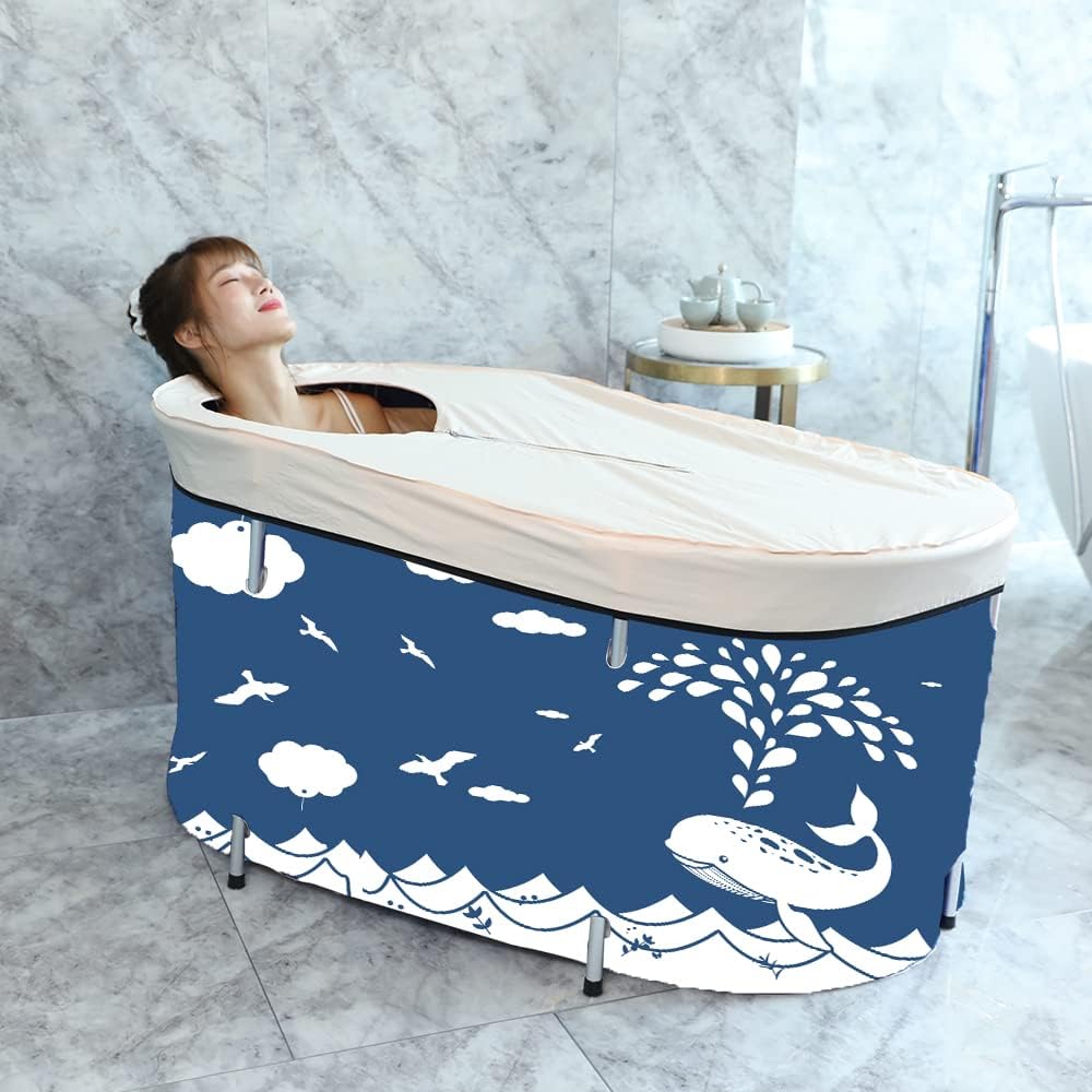 BDL Portable Bathtub, Foldable Adult Japanese Soaking Bath Tub, BDL Freestanding Ice and Hot tubs with Thermal Foam, Folding Spa Bath Tub for Small Spaces Free Pillow and Storage Bag Whale Blue
