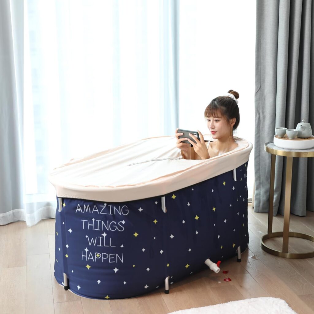 BDL Portable Bathtub, Foldable Adult Japanese Soaking Bath Tub, BDL Freestanding Ice and Hot tubs with Thermal Foam, Folding Spa Bath Tub for Small Spaces Free Pillow and Storage Bag Whale Blue