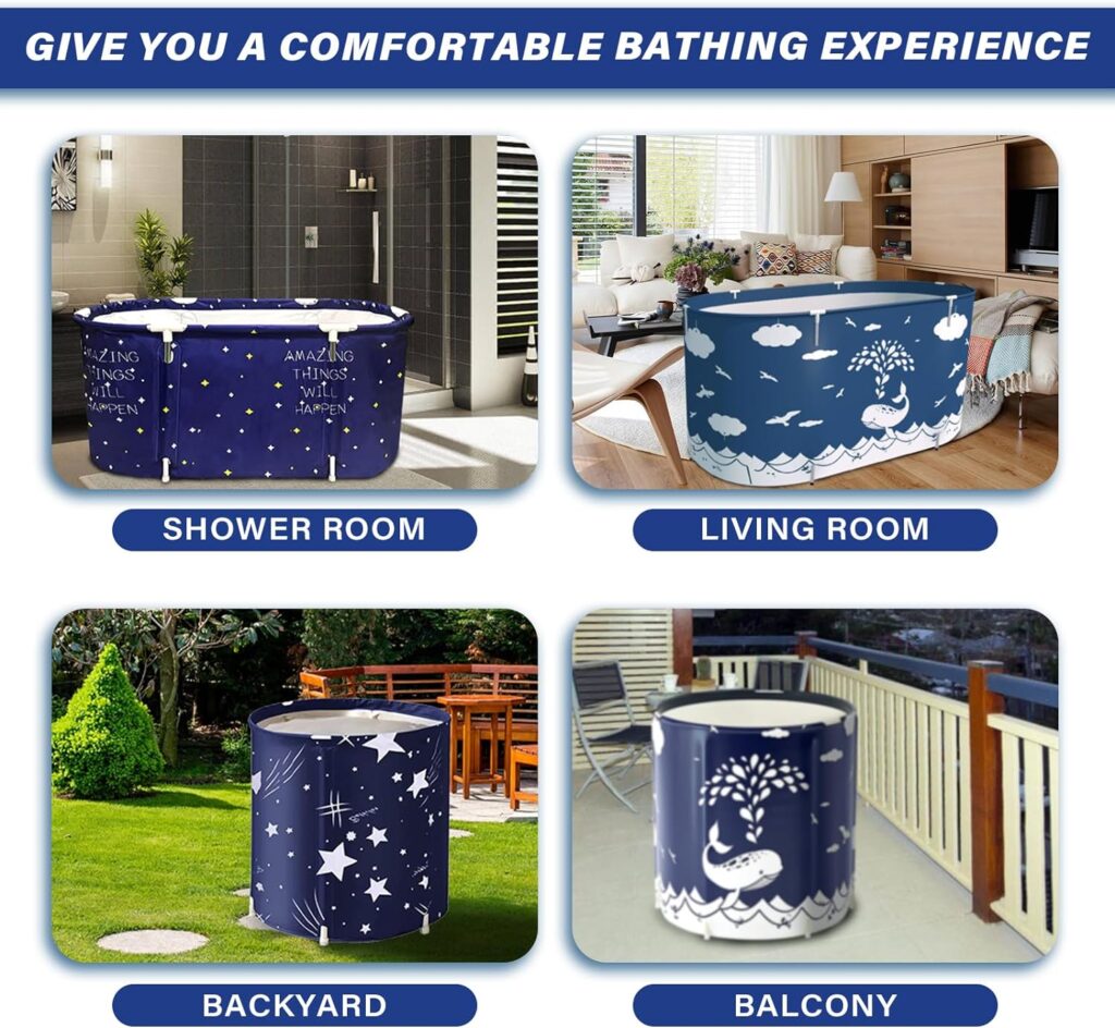 BDL Portable Bathtub, Foldable Adult Japanese Soaking Bath Tub, BDL Freestanding Ice and Hot tubs with Thermal Foam, Folding Spa Bath Tub for Small Spaces Free Pillow and Storage Bag Whale Blue