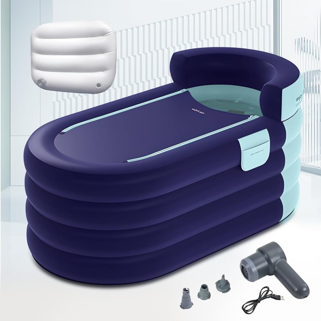 Hapyvergo Inflatable Bathtub Adult 63 Portable Blow Up Bath Tubs with Cordless Air Pump, Ideal for Hot Ice Bath, Quick Drain Design with 910 Long Hose, Phone Pocket, Water Cushion (Blue)