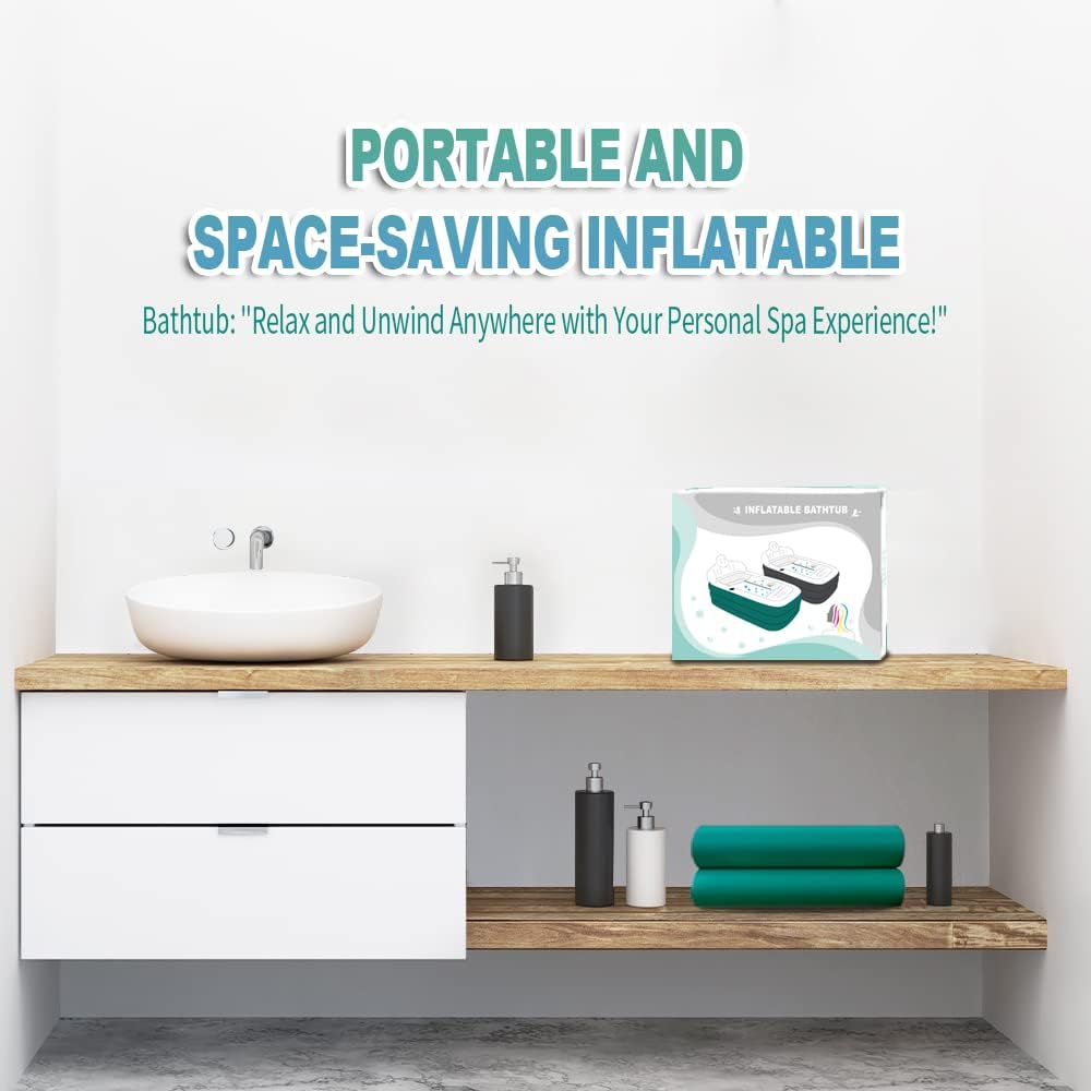 Nevife Inflatable Blow Up Bathtub with Bath Base,Headrest,Cup Holder and Pocket Storage,Foldable/Portable Free Standing Bath Tub for Adult Spa, Ideal for Hot Bath/Ice Bath 63x35.4x35.4(Green)