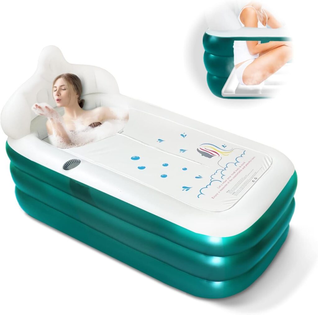 Nevife Inflatable Blow Up Bathtub with Bath Base,Headrest,Cup Holder and Pocket Storage,Foldable/Portable Free Standing Bath Tub for Adult Spa, Ideal for Hot Bath/Ice Bath 63x35.4x35.4(Green)