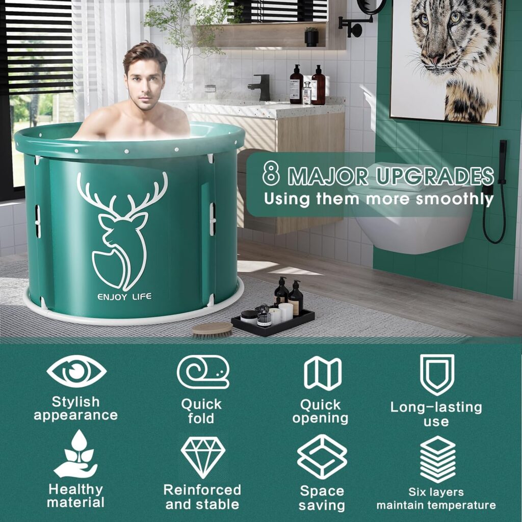 Portable Bathtub, Foldable Freestanding Bathtub For Adults,Kids,Boys and Girls, Therapy Tub for Shower Stall Bathroom Fold Up Japanese Soaking Hot SPA Large 45 inch, Hot Bath Tub, Ice Bath